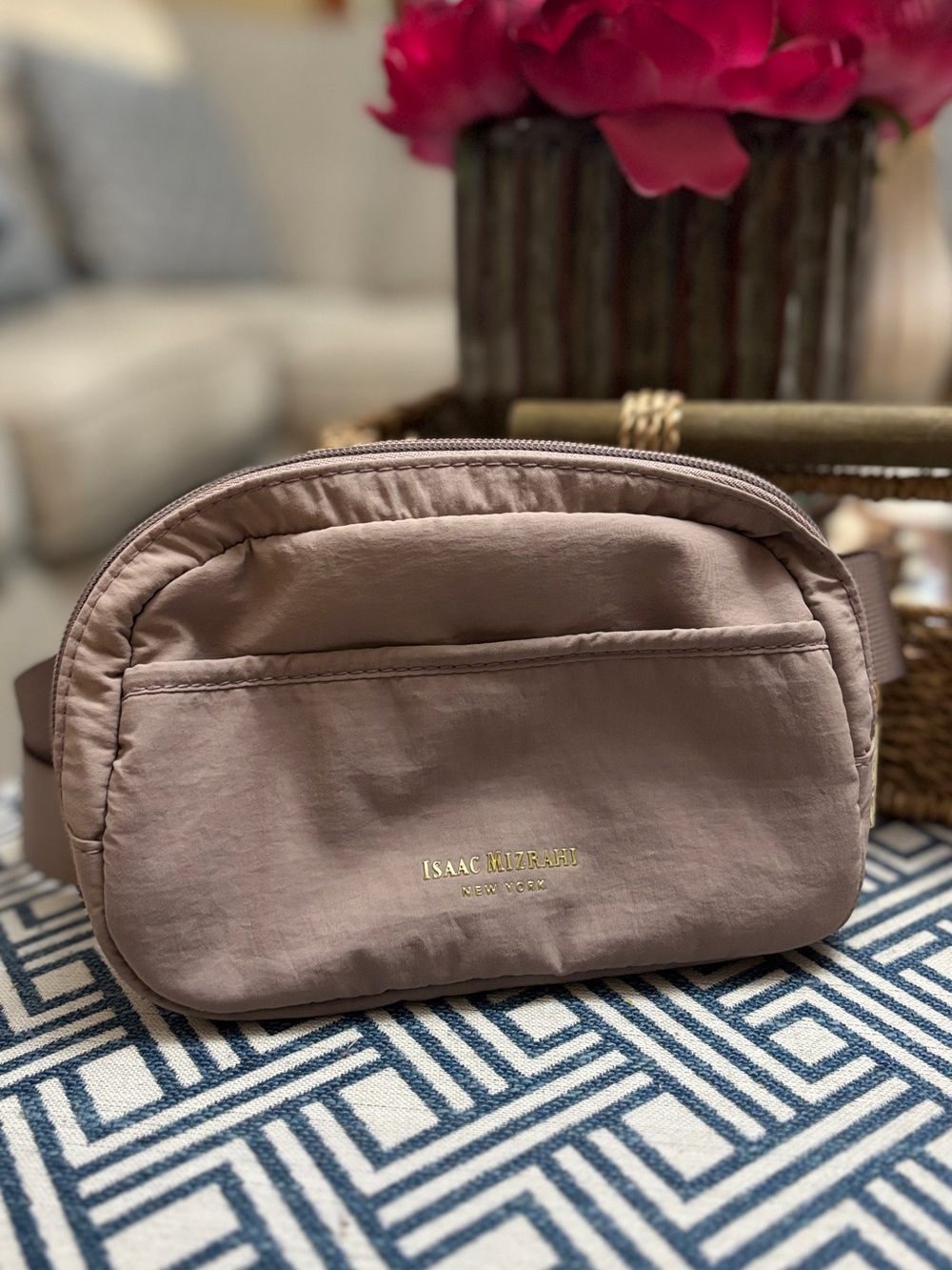 Isaac Mizrahi Blush Nylon Crossbody Belt Bag with Gold Logo, excellent condition